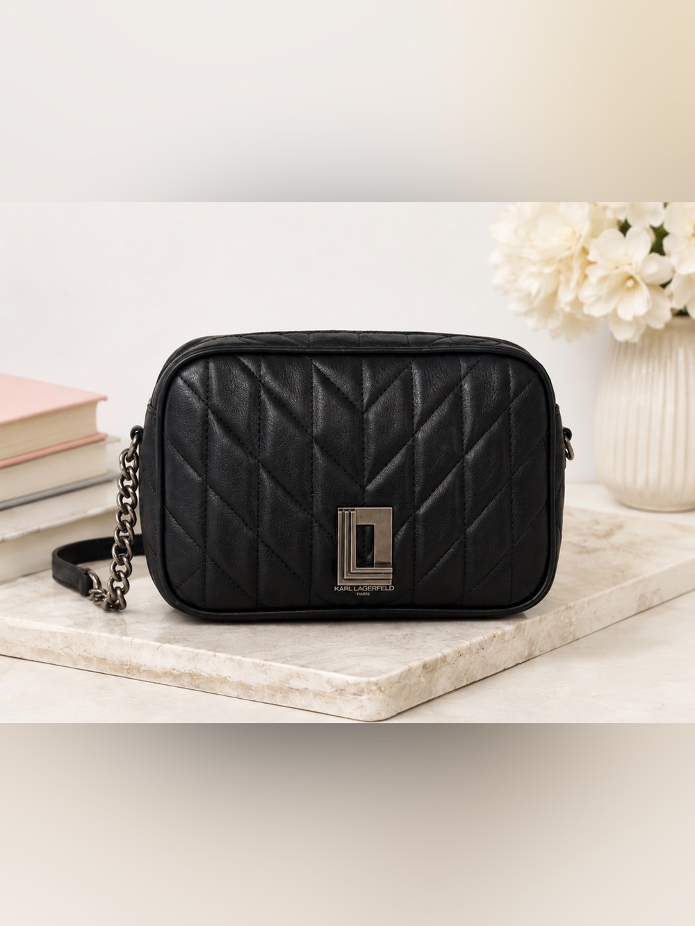 Karl Lagerfeld Black Quilted Crossbody with Chain Strap